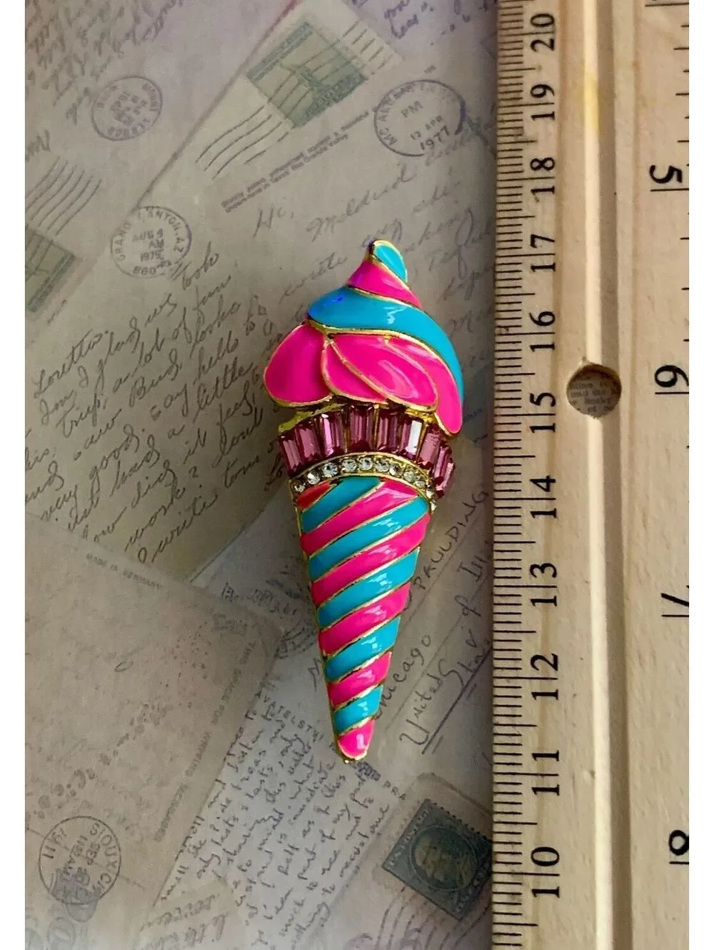 Bright and Fun Ice Cream Cone Pin with Sparkling Rhinestones